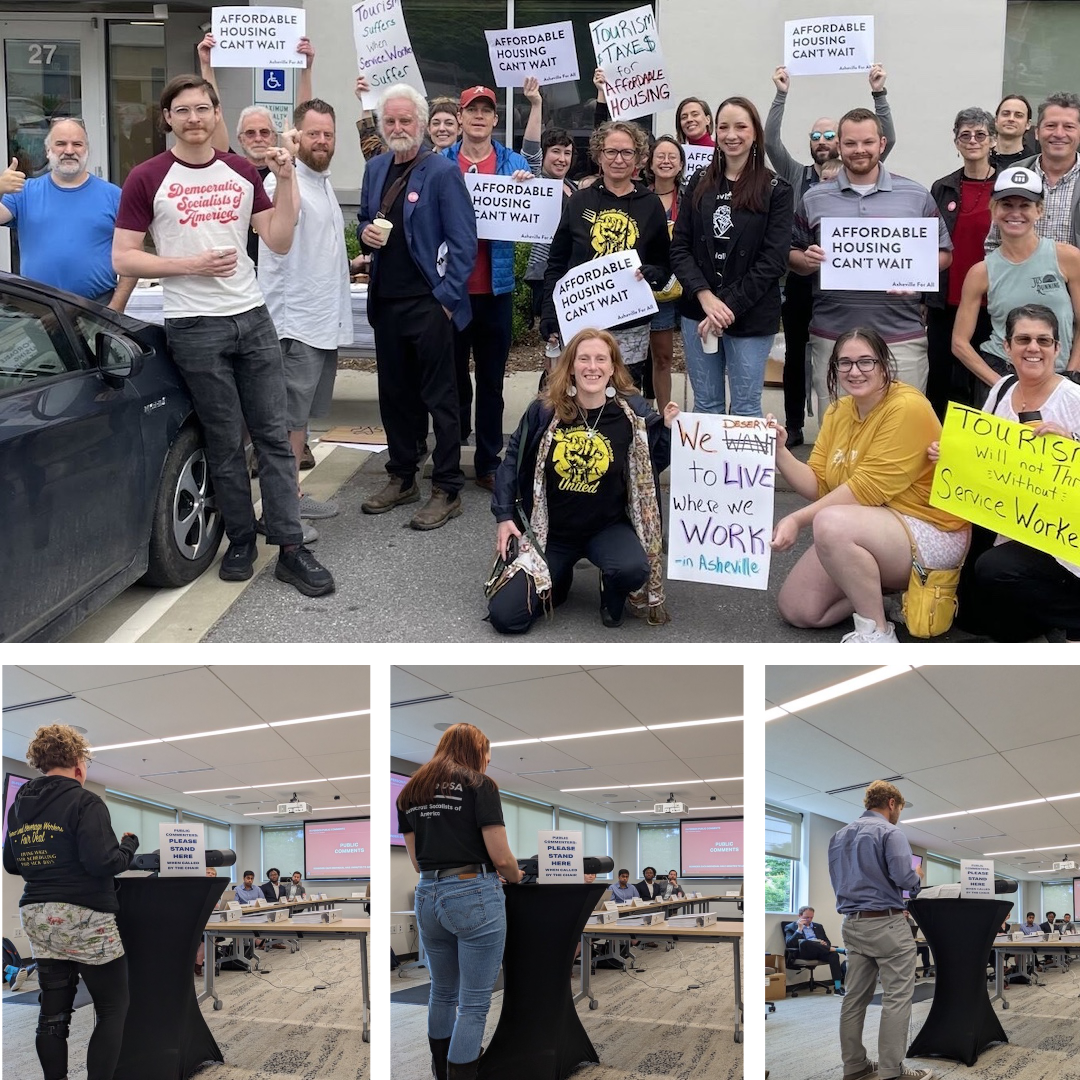 A montage of photographs from the Tourism Taxes for Affordable Housing rally event in May 2023.